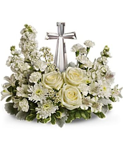 <div id="mark-3" class="m-pdp-tabs-marketing-description">An elegant display of faith and divine peace, this beautiful arrangement will comfort the bereaved in a truly thoughtful and respectful way. An exquisite crystal cross is surrounded by a bed of lovely blossoms. It is sure to be appreciated and always remembered.</div>
<div id="desc-3">
<ul>
<li>A fragrant mix of pure white blooms - including roses, alstroemeria, stock, carnations and waxflower - is accented with dusty miller and variegated pittosporum around an exclusive Crystal Cross keepsake</li>
</ul>
</div>